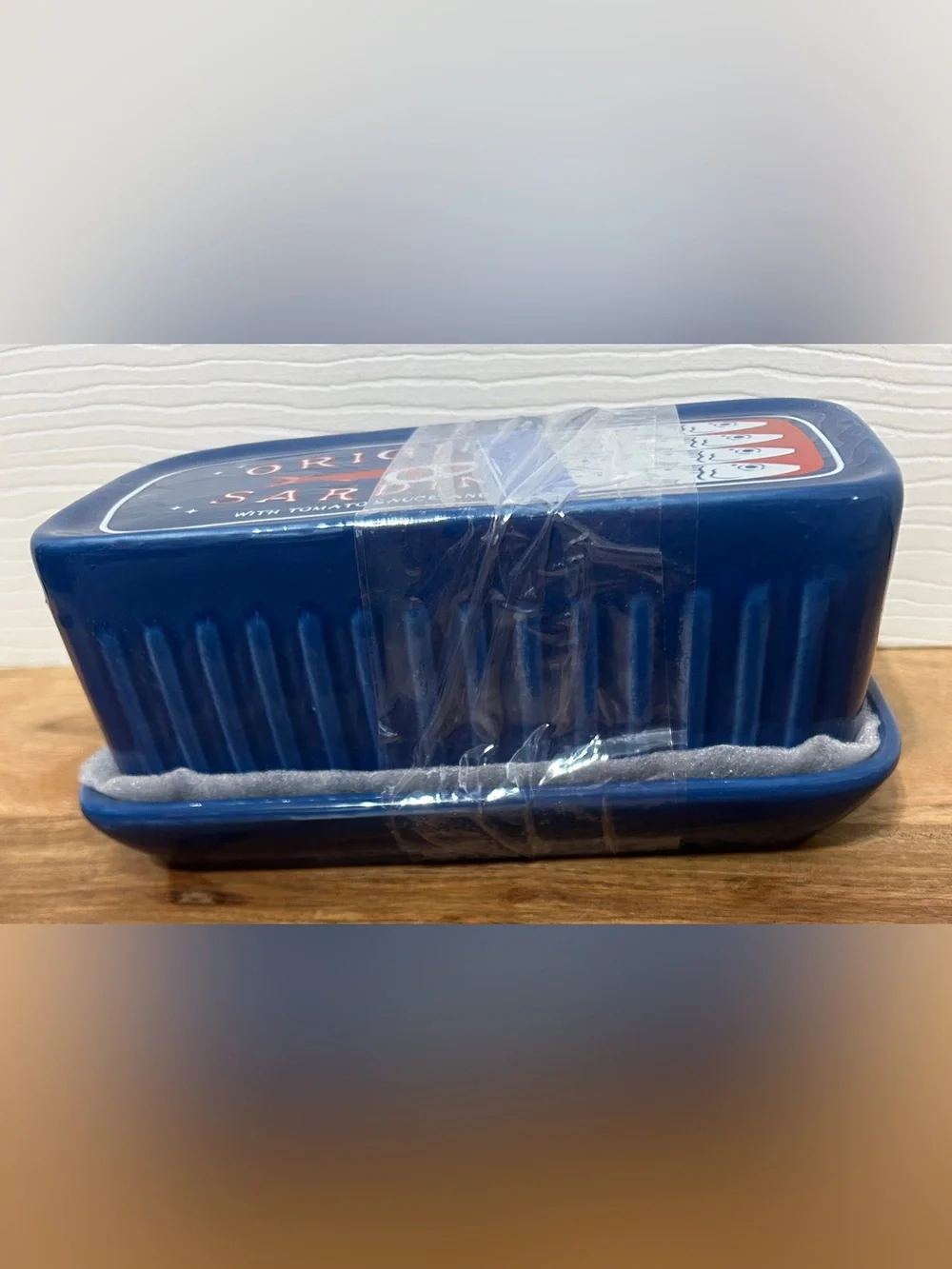 Can of Sardines Shaped Butter Dish Blue Ceramic Novelty Coastal Fish NEW